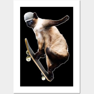 Siamese Cat Kitty Skateboard Skating Skateboarding Funny Posters and Art